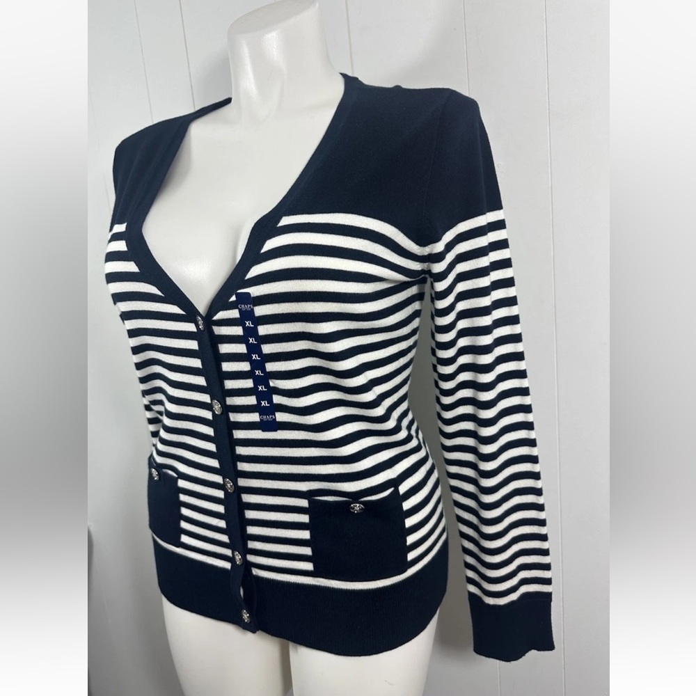 NWT Chaps Women’s Striped Navy Cardigan Womens Sz XL Long Sleeves V Neck Sweater - Picture 2 of 10